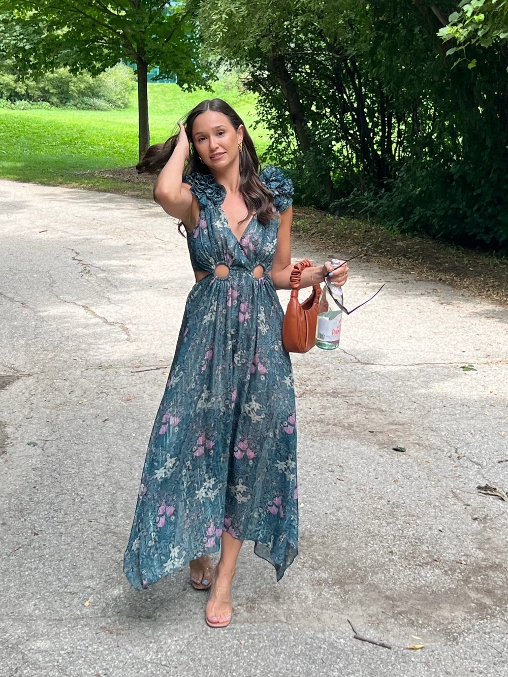 ELLIATT XXS Floral Teal Cutout Maxi Dress with Ruffle Shoulders